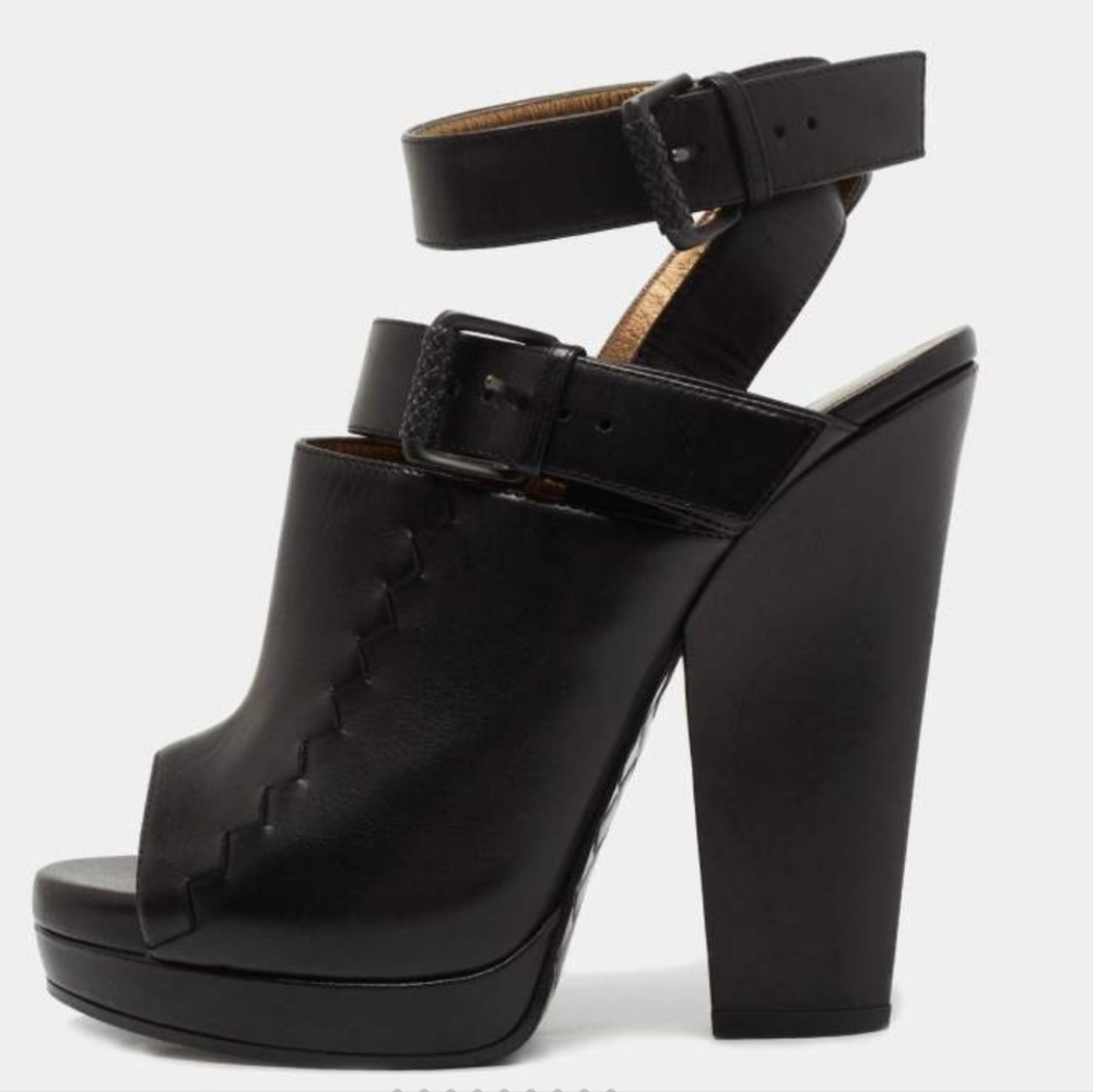 Bottega Veneta Black Leather Peep Toe Platform Ankle Strap Sandals  Size 36.5